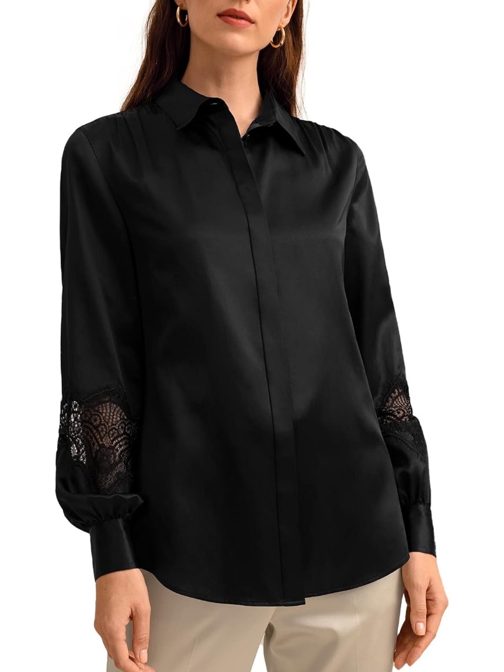 LilySilk Black 100% Mulberry Silk Long Sleeve Button Down Blouse Size L lace